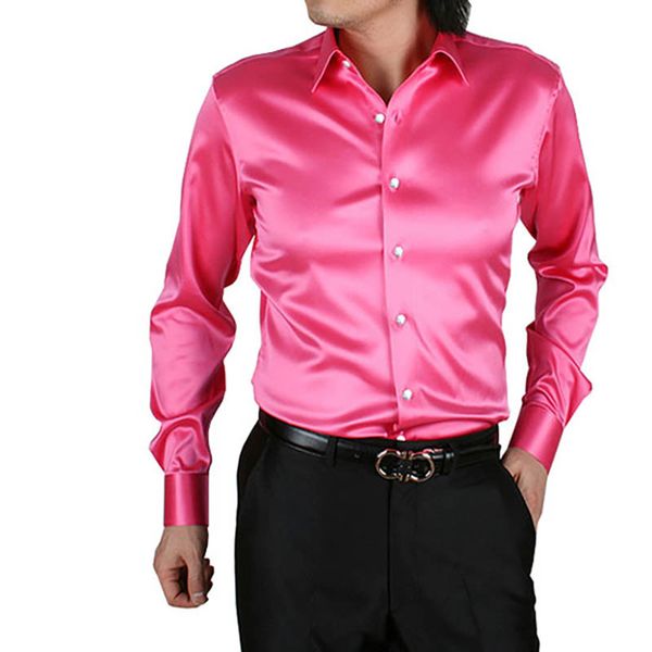 

mens shirt long-sleeved satin silk pure color rose, White;black