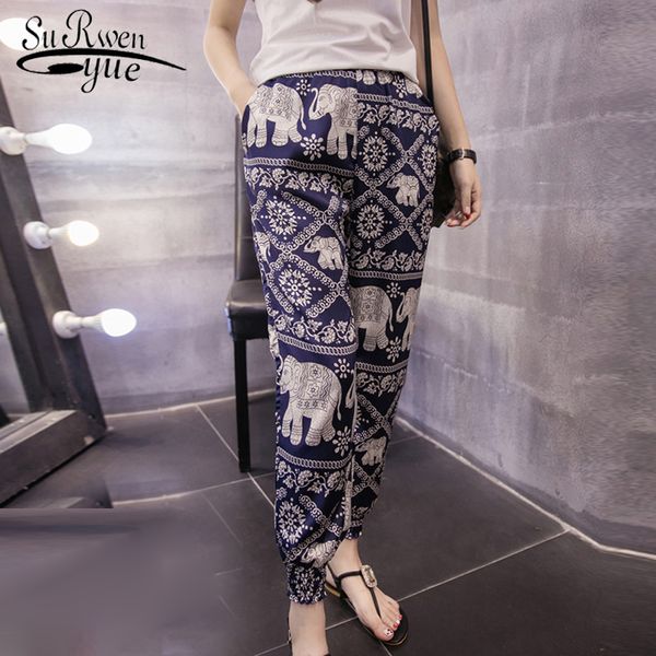 

2019 fashion summer print chiffon women pants casual loose plus size harem pants bohemian style beach ankle-length d783 30, Black;white