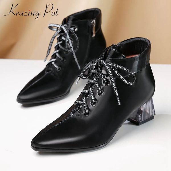 

krazing pot genuine leather lace up letter lace crystal med heels pointed toe limited customization large size ankle boots l6f2, Black