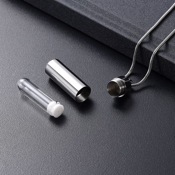 

ijd10272 secret stash cylinder keepsake jewelry hold pet&human ashes,stainless steel cylinder pendant with glass tube inside, Silver