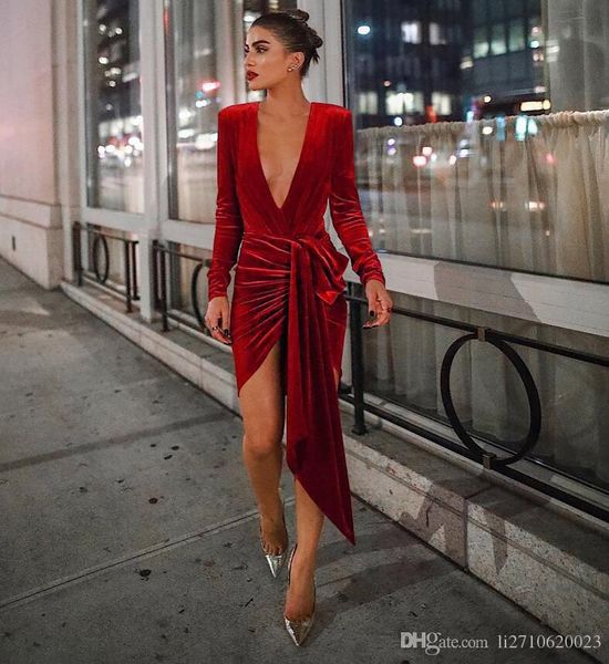 

women deep v neck party dresses elegant red velvet dancing party mini dress 2019 autumn long sleeve irregular bandage bodycon dress, Black;gray