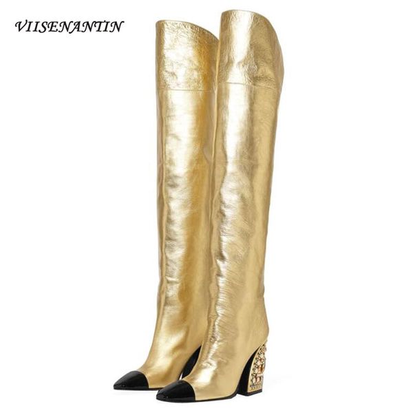 

viisenantin women 2019 show boots rhinestones high heel fashion boots tide women's gilded long tube knight gold, Black