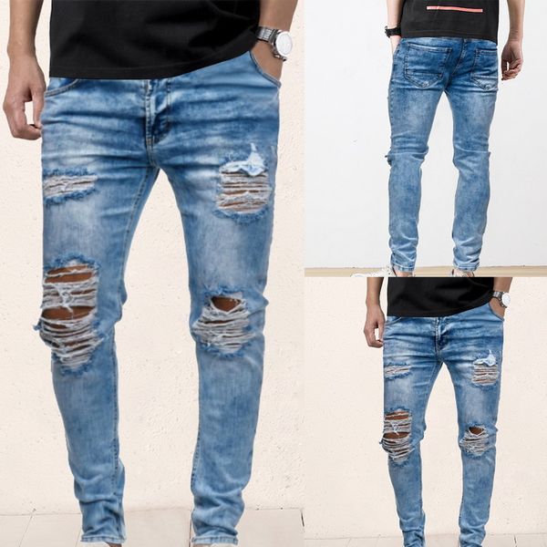 

mens ripped jeans for men casual black blue skinny slim fit denim pants biker hip hop jeans with holel denim pants