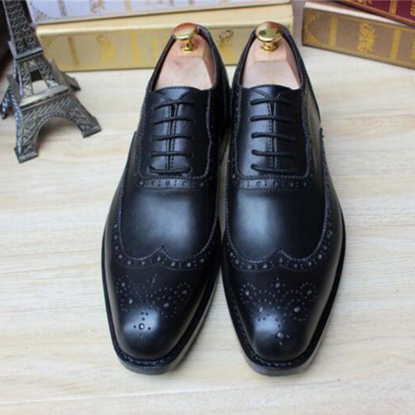 

sipriks genuine calf leather mens goodyear welted shoes carved full brogue oxfords classic wingtip dress wedding party evening, Black