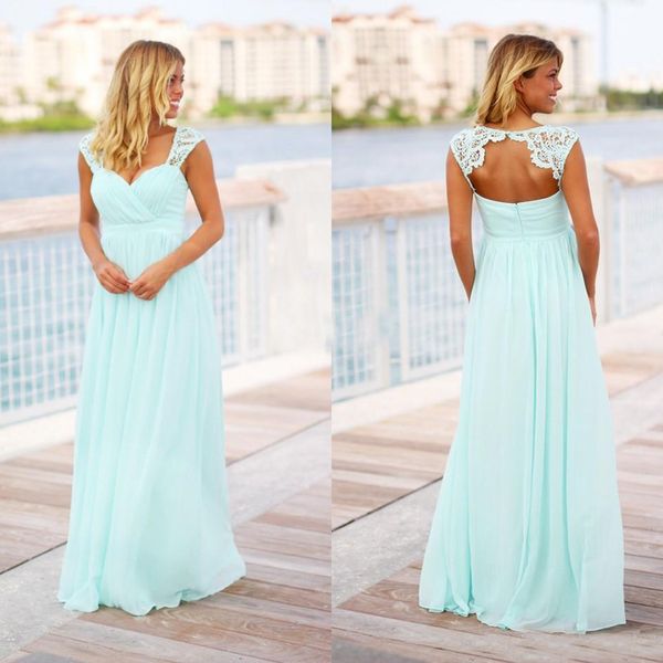 

Custom Made Mint Green Bridesmaid Dresses Cheap Chiffon Long Floor Length Beach Backless Empire Waist Maid oF Honor Dress Prom Party Gown