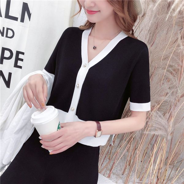 

2019 cotton blusas de inverno feminina sweater women 9257 to film a new short sleeved little sweet wind set 70-1/2 row 3, Black;white