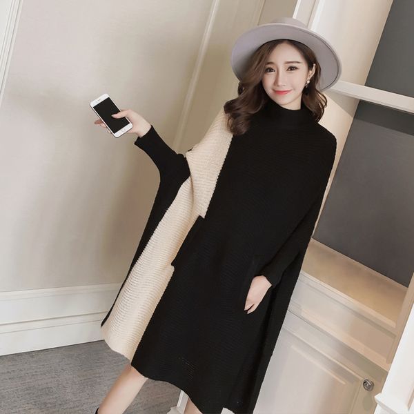 

2017 autumn winter new fashion women casual elegant office vintage loose big size knitted black jumper sweaters dress, White;black
