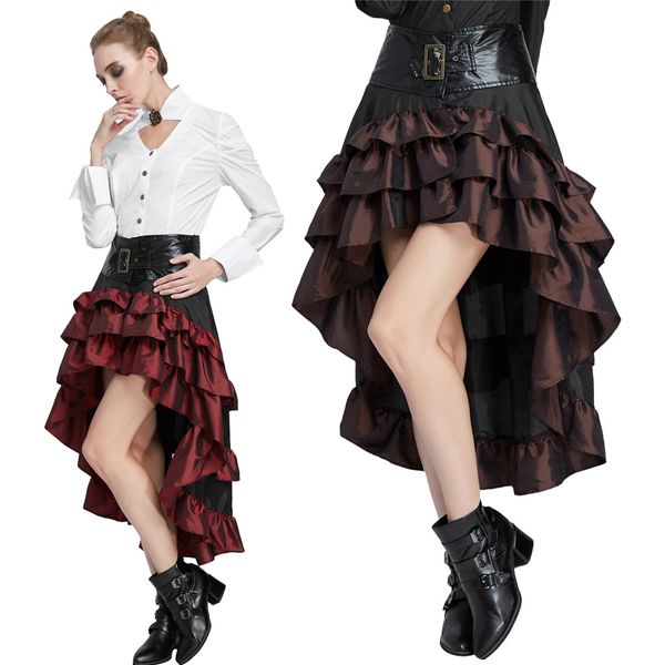 

women's retro vintage classic skirt steampunk gothic open front ruffled high-low skirt fashion lady high waist skirt, Black
