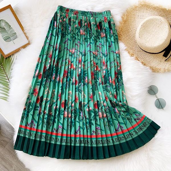 

Sherhure 2020 High Waist Women Summer Long Pleated Skirts Saia Boho Floral Print Women Chiffon Long Skirt Faldas Jupe Femme, Black