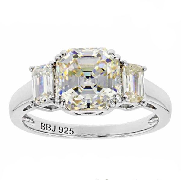 

moissanite centre stone 8*8mm asscher cut 2 emerald cut side stones solid 18k white gold ring, Silver