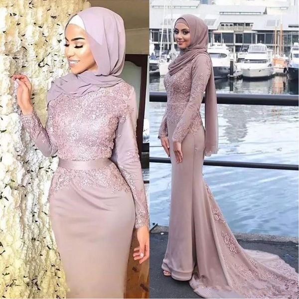 

dusty pink muslim mermaid evening dresses hijab long sleeves scoop neck appliques ribbon sash satin prom dresses sweep train formal gowns, Black;red