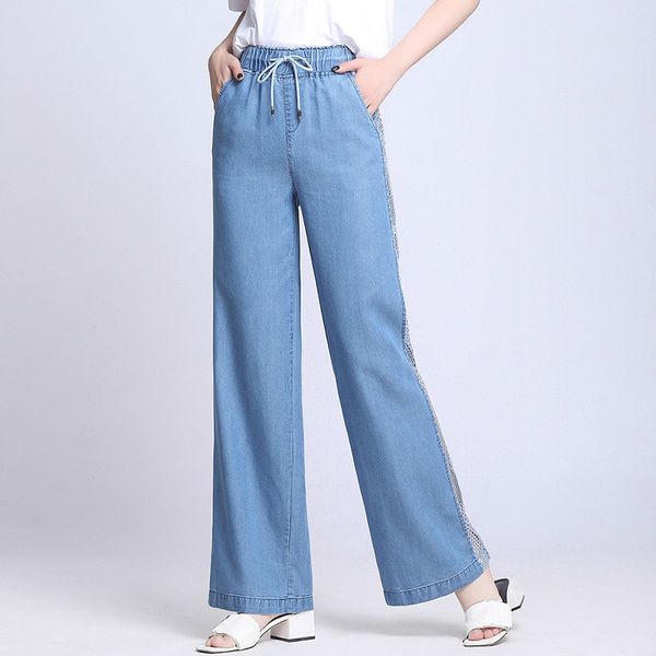 

plus size jeans for girls elastic waist summer loose thin straight breathable tencel wide leg ladies vintage jeans streetwear, Blue