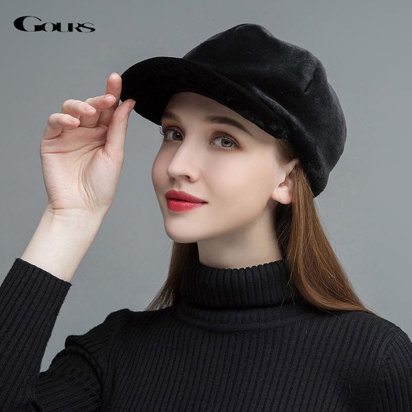 

gours women's fur hats real sheep shearing caps cotton lining warm in winter fashion black wool visors new arrival glh023, Blue;gray