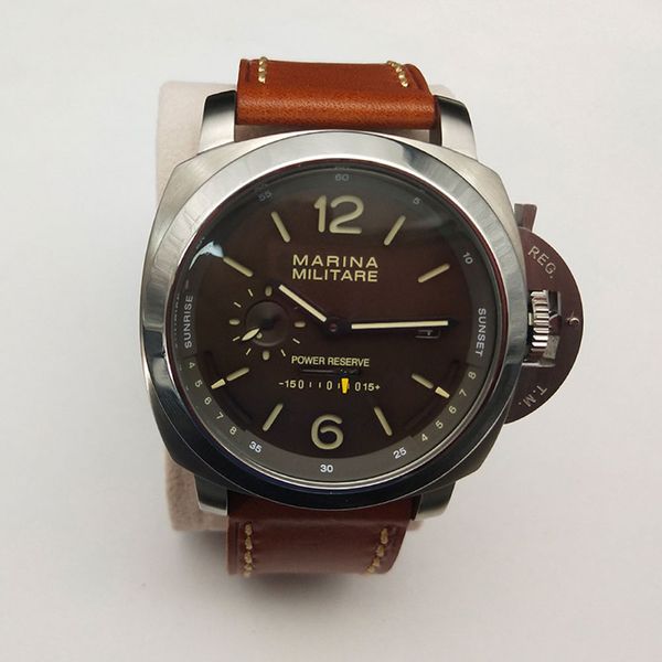 

power reserve watch 50mm gmt automatic movement stainless steel polished men's watch leather strap p-50-1, Slivery;brown