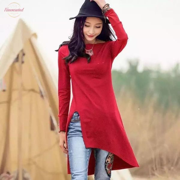 

ethnic embroidery long black tshirt women elegant side split tee shirt femme solid autumn long sleeve boat neck ladies, White
