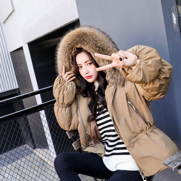 

real natural raccoon fur collar 2020 winter jacket women white duck long down parka hooded down jacket female loose warm coat, Black