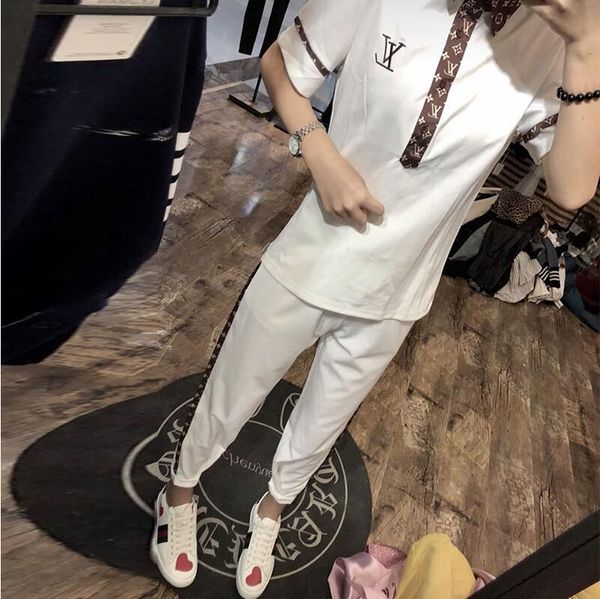 

social sports designer set web celebrity luxury printed short-sleeved polo shirt + printed straight casual pants, White