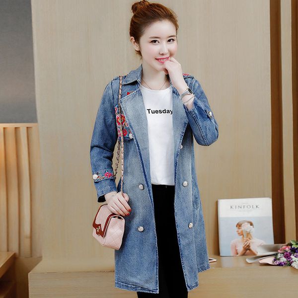 

women streetwear denim embroidery denim long outerwear coats, Tan;black
