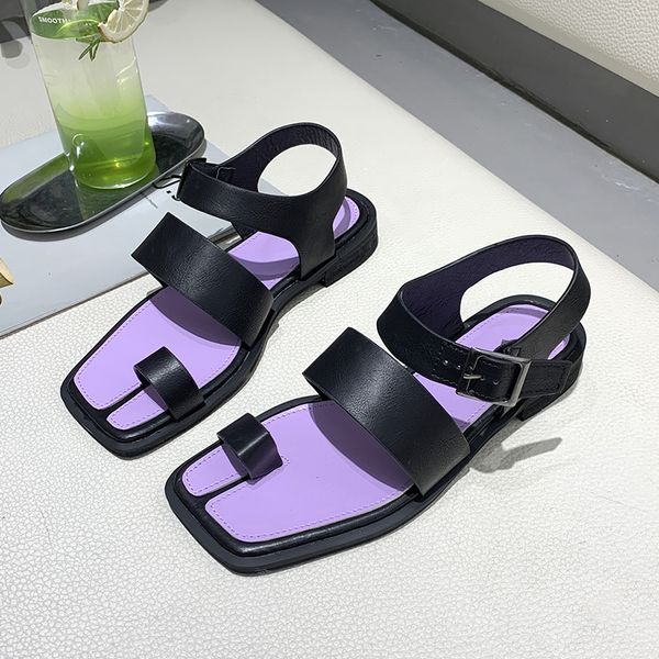 

women sandals leather rubber sole buckle sandals woman shoes set of thumbs design summer shoes sandalia feminina, Black