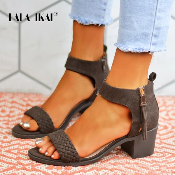 

lala ikai women summer sandals high square heels med ankle wrap zipper sandals peep toe solid party ladies shoes xwc3839-4, Black