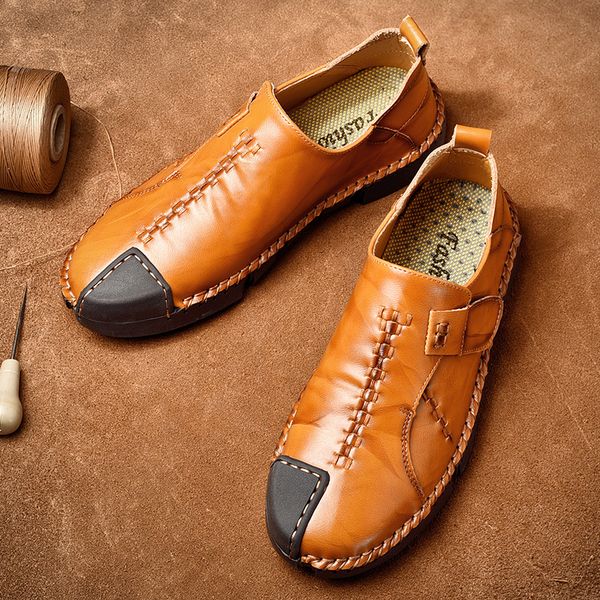 

leather shoes men's handmade stitching large size leather shoes foot covering casual driving stylist business pure, Black