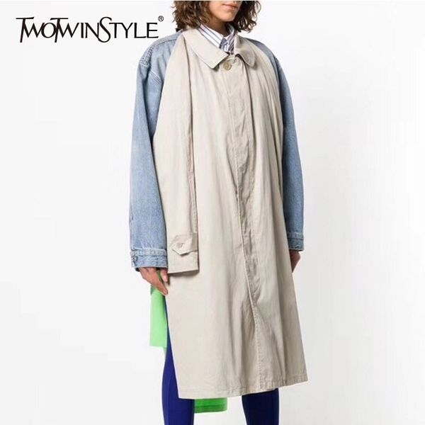

twotwinstyle patchwork denim trench coat women long sleeve asymmetrical windbreaker female 2019 autumn fashion casual big sizes, Tan;black
