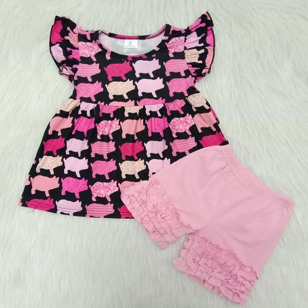 

2020 fashion style kids summer clothes girl colorful pig pattern solid pink shorts set princess girl animal clothing sets, White