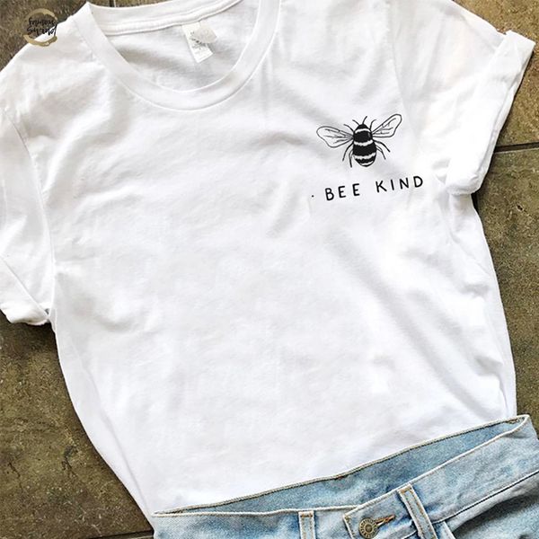 

bee kind pocket print tshirt women tumblr save bees graphic tees women plus size t shirts cotton o neck drop shipping, White