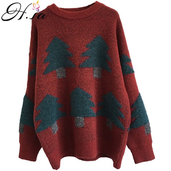 

h.sa autumn and winter women red sweaters christmas tree pullovers and sweaters chic winter warm jacquard knitwear loose, White;black