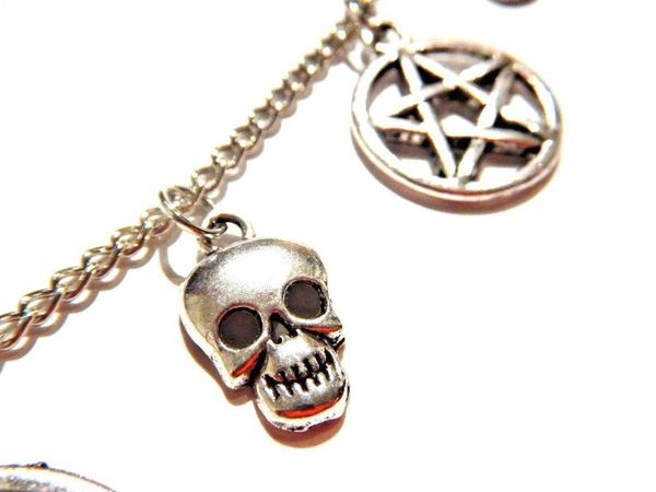 

new style supernatural power five stars pentagram skull skeleton pendant necklace punk gothic dark creative women men jewelry halloween gift, Silver