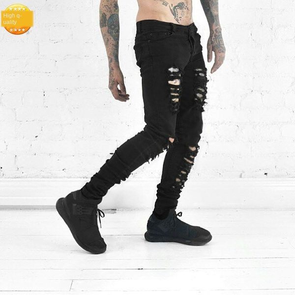 

mens designer piercing pants slim leggings fashion jeans, Blue
