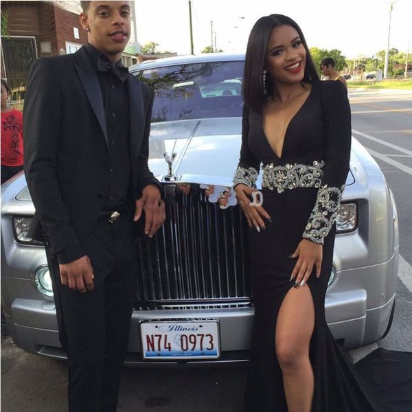 

очаровательная с длинным рукавом платья выпускного вечера для черных девочек пара slay глубокий затыкать кристалл формальные длинные вечерни, Black