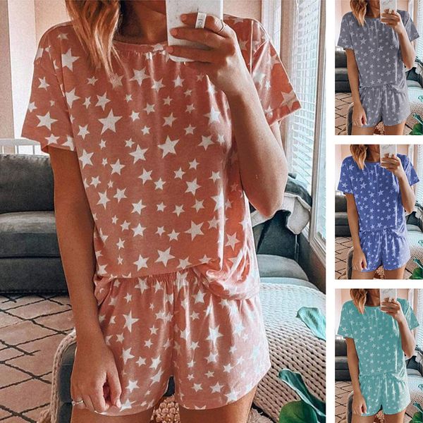 

2020 casual printing star pajamas short-sleeved home clothes set, White