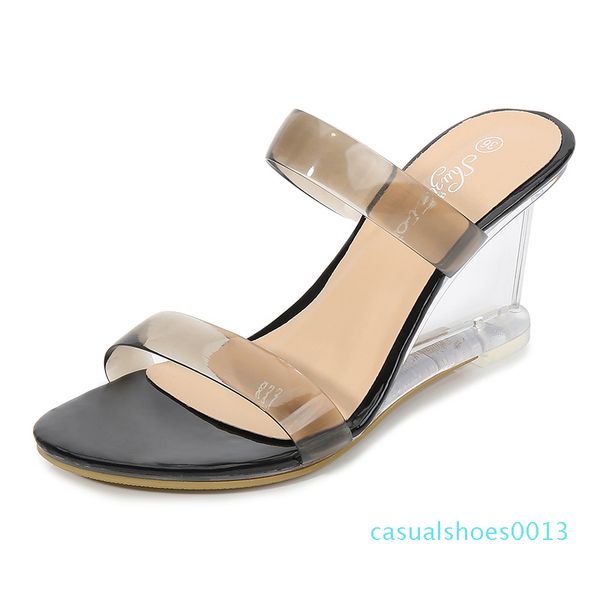 

2020 new women clear heels wedge sandals women's summer crystal transparent pumps wedge clear heels sandals c13, Black