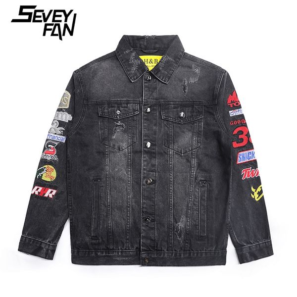 

seveyfan distressed ripped denim jackets men's fashion badges patchwork denim jackets hip hop coat outerwear for male, Black;brown