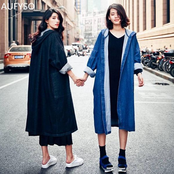 

aufyso denim trench coat for women 2017 vintage casual loose pocket long sleeve hooded long trench coat manteau femme c55, Tan;black