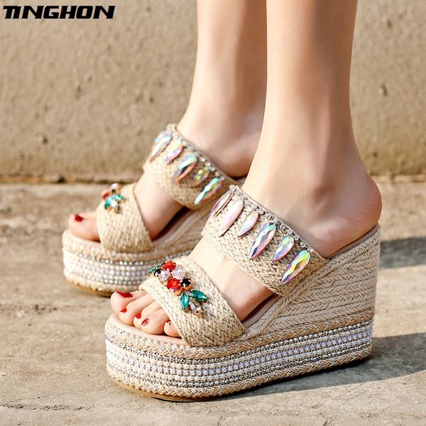 

tinghon summer wedge slippers platform high heels women ladies outside shoes basic clog slipper flip flop rhinestone sandals, Black