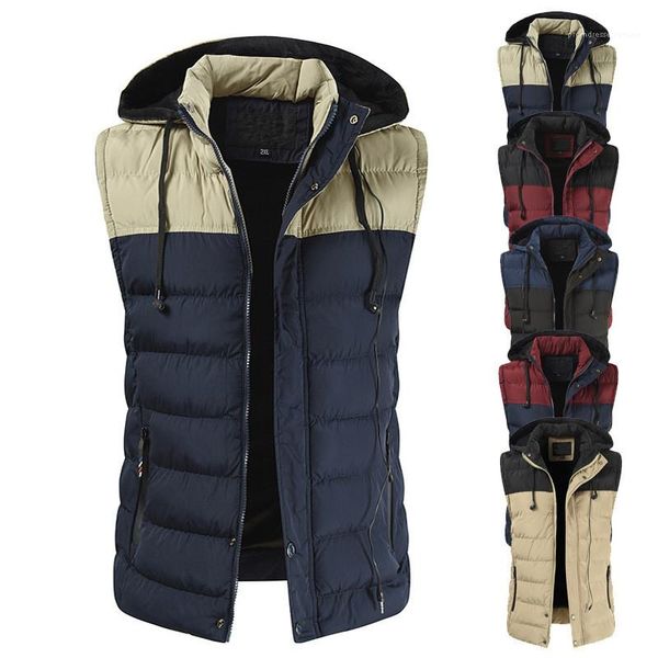 

дизайнерский жилет мода контрастный цвет толстые теплые пальто мужские повседневные без рукавов шляпа съемное пальто осень зима мужские, Black;white