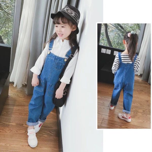 

korean style loose brief fashion casual girls jeans soft solid elastic waist mid kids jeans preppy style cotton for girls, Blue