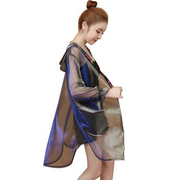 

women korean thin jacket fashion shiny illusion medium long perspective coats ladies summer beach hooded harajuku windbreaker, Black;brown
