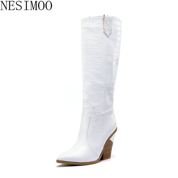 

nesimoo 2019 women knee high boots pu leather pointed toe high heel slip on all match simple basic fashion boots size 34-43, Black