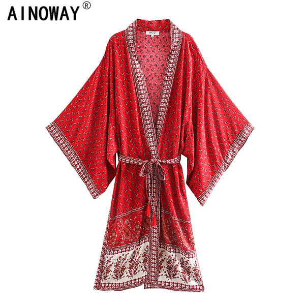 

vintage chic women red floral print sashes bohemian kimono ladies v neck batwing sleeves boho maxi dress robe, White