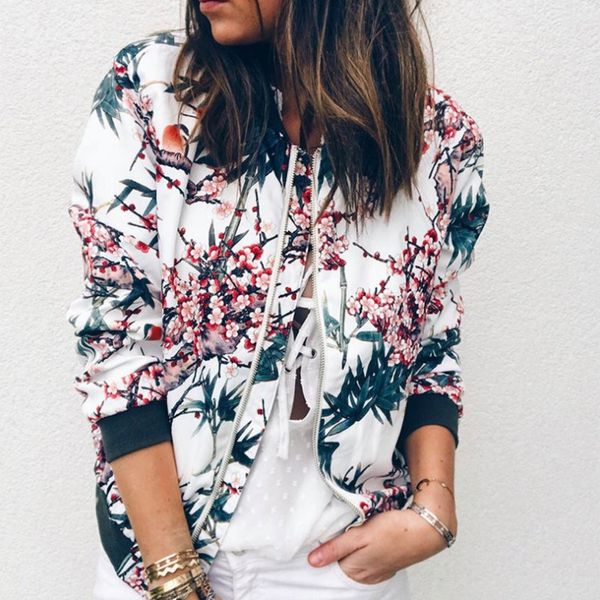 

retro floral printed women outerwear & coats jackets 2020 spring autumn long sleeve zipper up bomber outwear coats and jackets, Black;brown
