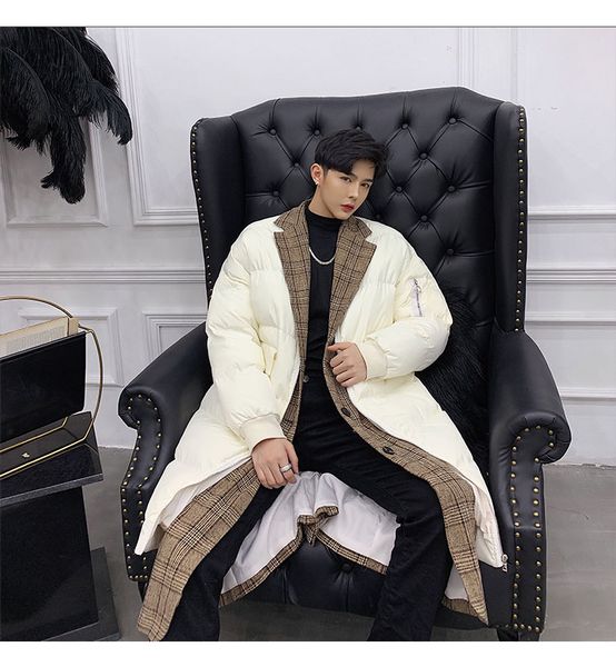 

plaid stitching cotton coat men's fake two winter clothing 2019 new long section version of the loose baseball bread service, Black