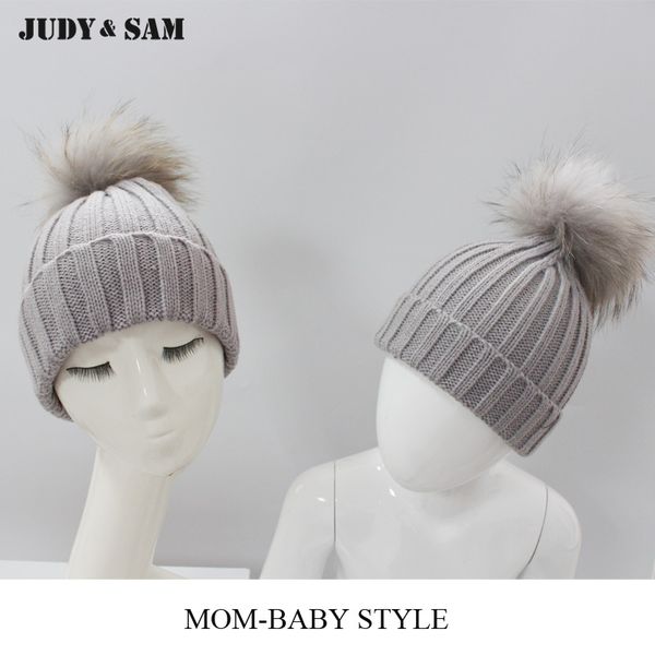 

1 pair parent child winter hat with real raccoon fur pom pom