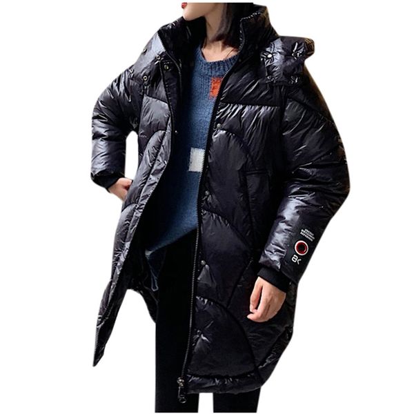

plus size parka coat women winter glossy down jackets hooded loose female's outwear down cotton padded jacket coat woman wadded, Black