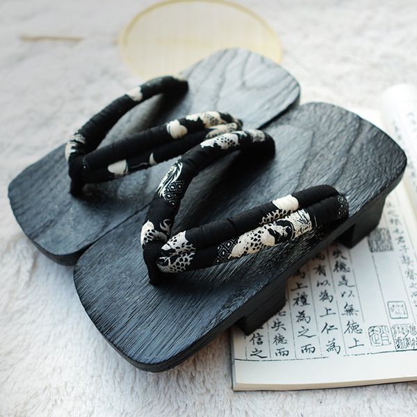 

size 35-46 summer sandals japanese geta wooden clogs slippers cosplay mens bench geta sandalsflat heel cosplay flip flops shoe, Black