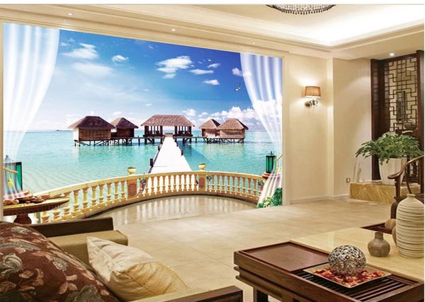 

3d stereo villa balcony sea view background wall painting home decor living room wall covering wallpaper