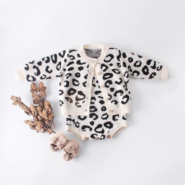 

girls clothing sets leopard long sleeve sweaters cardigan + romper two suit kids infant baby girl set children clothes jw7671, White