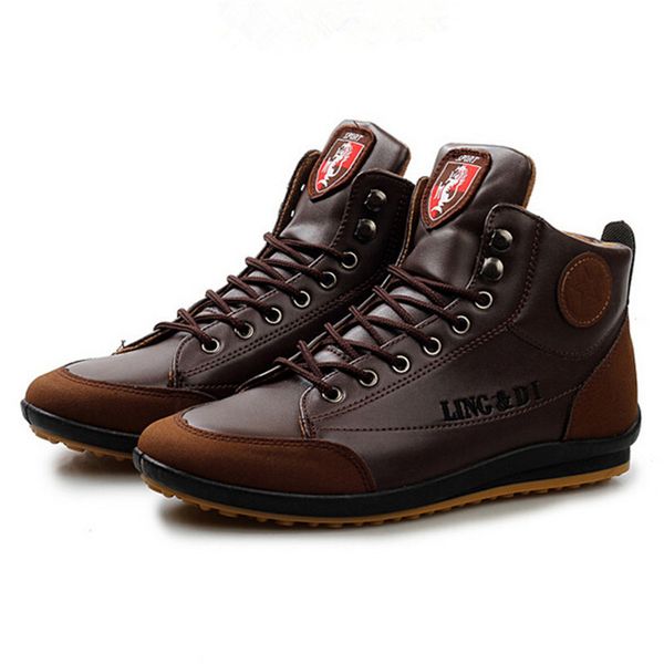 

new brand designer men winter casual shoes fashion pu mix color high boots british style comfortable lace up warm shoes, Black